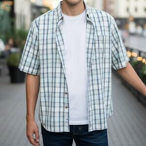 Tommy Bahama Silk Camp Shirt Men XL Blue Cream Beach Plaid Patchwork Madras